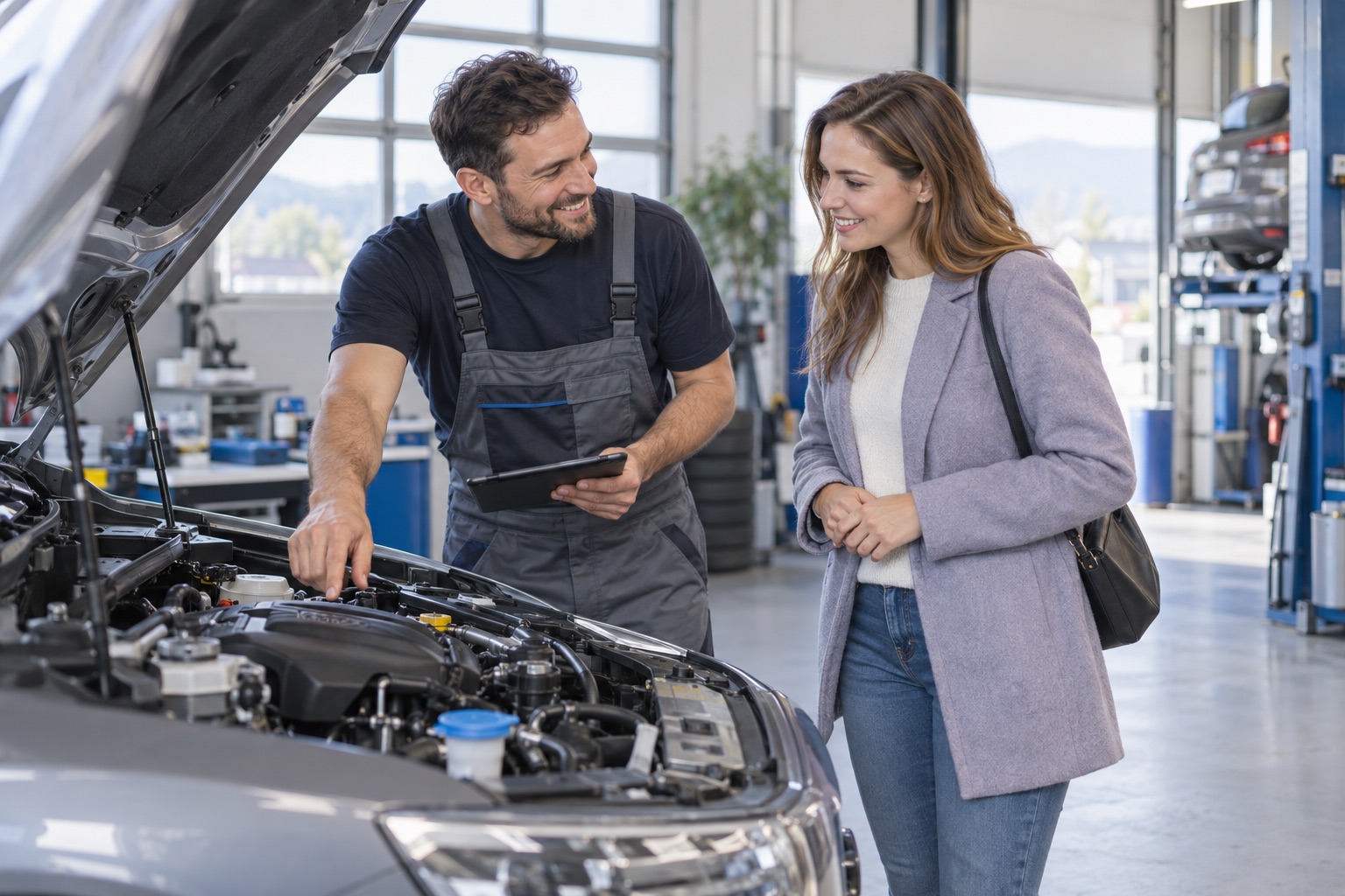 Mechaniker erklärt einer Kundin die Arbeit am Auto