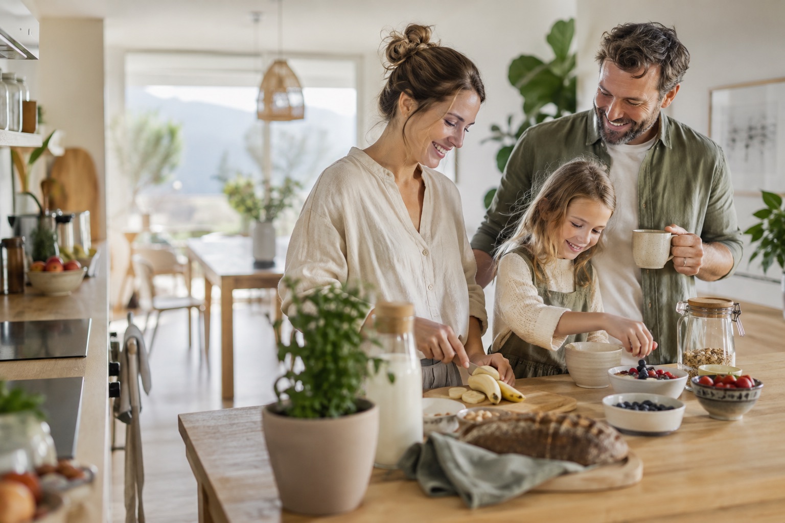 Familie beim gemeinsamen Frühstück zu Hause