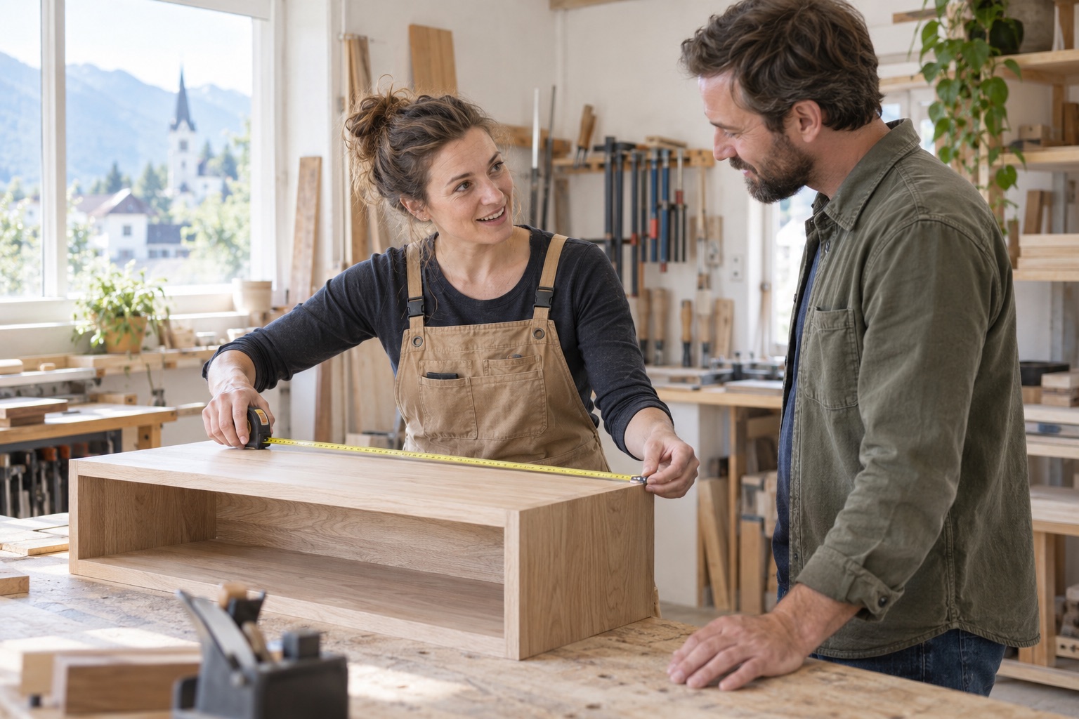 Handwerkerin bespricht ein Möbelstück mit einem Kunden